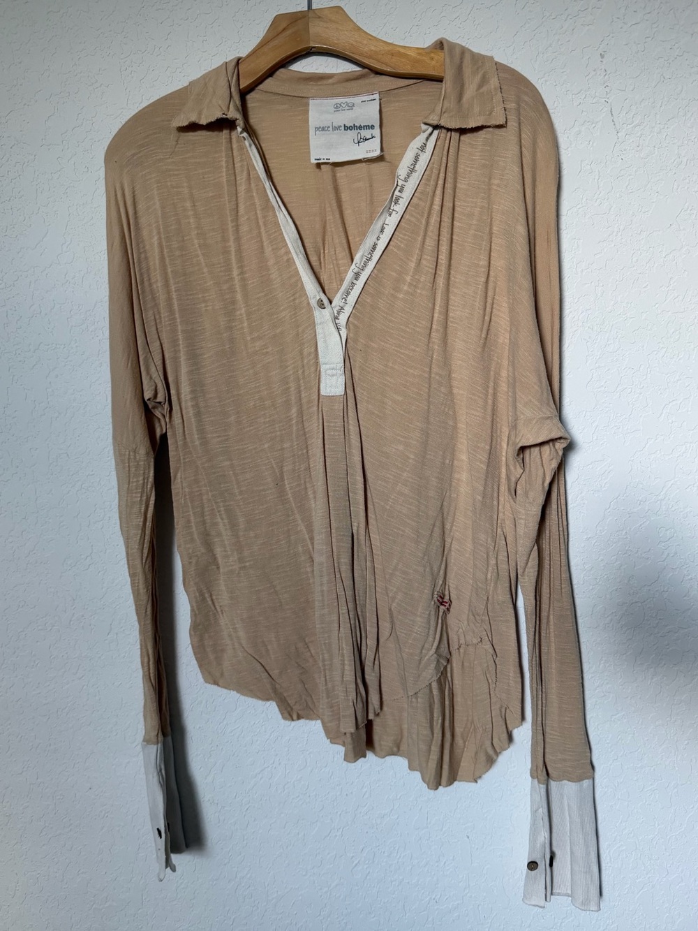 Peace Love World Taupe Long-Sleeve Henley with Cream Trim